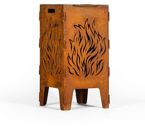 D&L Lasertec Feuertonne aus 3mm Stahl mit Flammenmuster, inklusive Grillrost, Edelrostdeko für den Garten, Grillschale