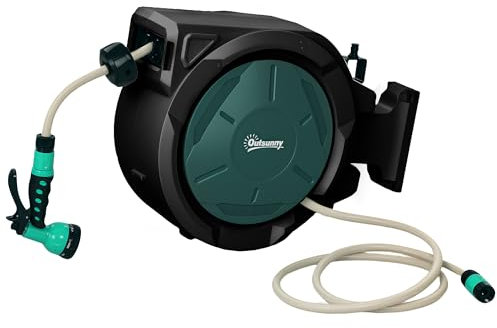Outsunny Enrouleur tuyau arrosage, dévidoir de tuyaux d'eau, 30+2 m, avec support mural + poignée, pivotant à 180°, 7 options de jets d'arrosage, noir