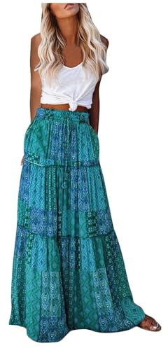 Women's Maxi Skirts Bohemian Chiffon High Waisted Casual Skirts with Pockets Elasticated Waist Summer Pleated Long Dresses Elegant Flowy A-Line Beach Skirt Holiday Drawstring Tiered Skirts Green