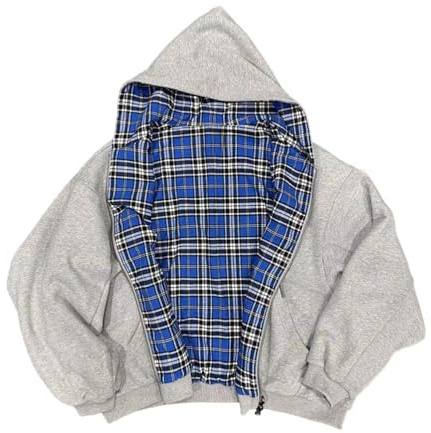 Lunoakvo Mens Oversized Reversible Hoodies Women Plaid Preppy Hoodie Streetwear Vintage Zipper Hooded Sweatshirt Grey