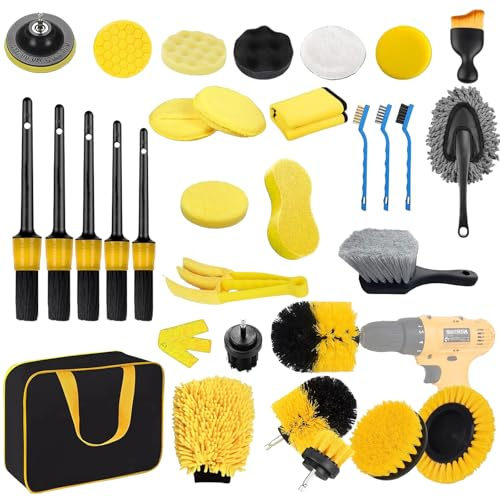 MEETOZ Kit de limpieza de coche de 32 piezas, kit de lavado de coche interior y exterior con bolsa, cepillos profesionales de limpieza de interiores, para coche, motocicleta, bicicleta, exterior