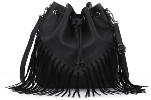 EVEOUT Sac Seau en Similicuir pour Femme avec Franges,Style Occidental,Sac à bandoulière avec Pompon Hippie Bohème pour Usage Quotidien