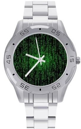 BVKWNTSA Sleek Business Steel Band Green Number Binary Printed Watch for Men – Elegant Quartz Analog Wristwatch, Lightweight & Comfortable