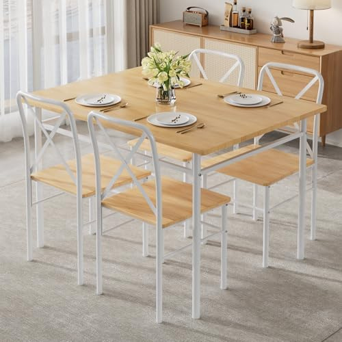 VECELO 5-Piece Kitchen Dining Table Set, Wood Tabletop & Heavy-Duty Metel Frame, Rectangle Dinette with 4 Chairs for Small Space, Breakfast Nook, Natural White