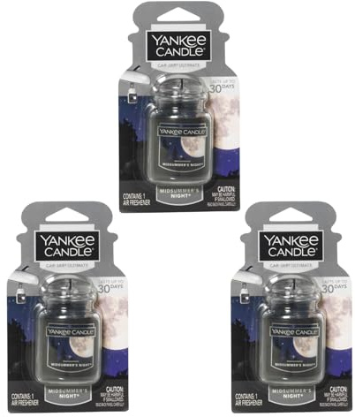 Yankee Candle Car Jar Ultimate Air Freshener, Hanging Car Freshener, Long Lasting Car Fragrance, Midsummer’s Night (Pack of 3)