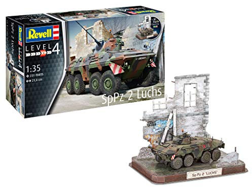 Revell 03321 SpPz2 Luchs & 3D Puzzle Diorama, Modell des Bundeswehr Spähpanzers zum Selberbauen 1:35, 21,8 cm Armee originalgetreuer Modellbausatz für Fortgeschrittene, zum Bemalen, 1:32