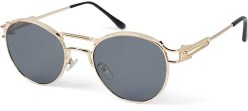 styleBREAKER Gafas de sol Panto para damas con lentes planas ovaladas y patillas de metal, plumas, almohadilla nasal de silicona 09020117, color:Dorado montura/Gris vidrio coloreado