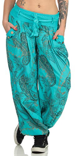 Malito – Damen Haremshose mit Print – Pumphose aus Baumwolle – Leichte Stoffhose – Sommerhose für warme Tage – Aladinhose 3485 (Dunkeltürkis | Größe 34-40)