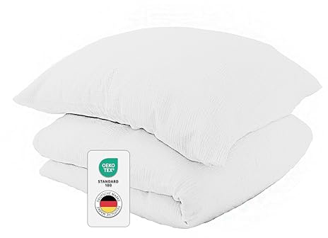 jilda-tex Bio-Bettwäsche Musselin Medina 100% Bio-Baumwolle Knitterlook Bügelfrei Uni Made in Green (Weiß, 135x200 + 80x80 cm)