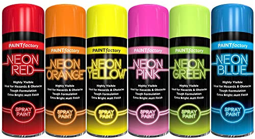 Classic Signature 6 x Fluorescent Bright Neon Spray Paint Multipurpose Aerosol DIY Graffiti (Banksey) N0 CFCs Extra Bright Assorted Colours Paint Blue Green Orange Pink Yellow Red 200ml - D4