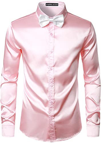 PARKLEES Camisas de vestir de satén tipo seda brillante de lujo para hombre de manga larga para fiesta, disco y graduación, rosa, M