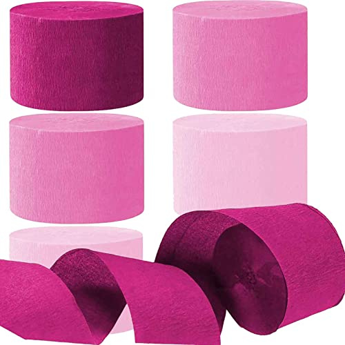 Serpentin en Papier Crépon Rose,Lot de 6 Rouleaux Papier de Rose Crêpe Streamers 4.5cm x 24m