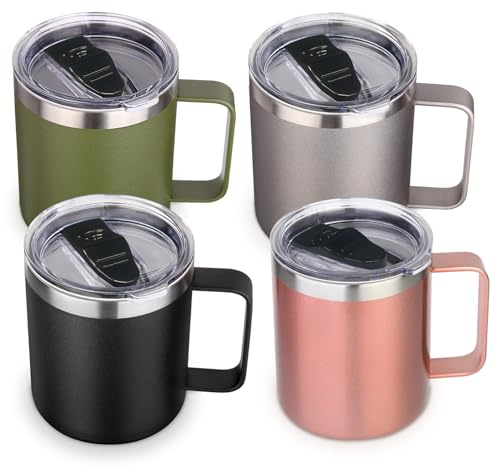 Volhoply 410 ml isolerad rostfritt stål kaffemugg med läcksäckt lock, 4-pack, dubbelväggsvakuum reskaffemugg med handtag, campingmugg håller varm/kall (Blandade färger, 4)