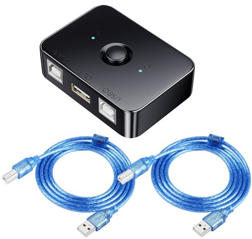 QIANRENON USB 2.0 - Conmutador de impresión USB 2.0 (2 puertos, 2 ordenadores, 1 impresora manual, con luz LED, incluye 2 cables de impresora USB 2.0 de 1,5 m)