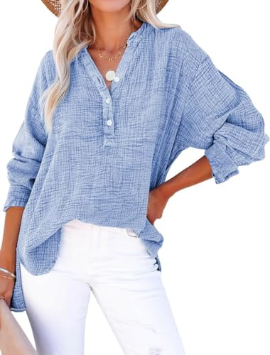 PADOLA Chemisiers et Blouses Femme Gaze de Coton Chemisier Femme chic et élégant Chemise Henley Manches Roulées Décontracté Tunique Bouton Blouse Couleur Uni Tee Shirt été Haut Top (2 Bleu Clair, 2XL)