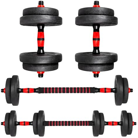 EIGFOH Mancuernas 15KG, Pesas y Mancuernas Ajustables, Barra de Conexión y Extensión, Mangos Antideslizantes, Juego de Mancuerna 3 en 1, Pesas Ajustables, Gimnasio en Casa (rojo 15KG)