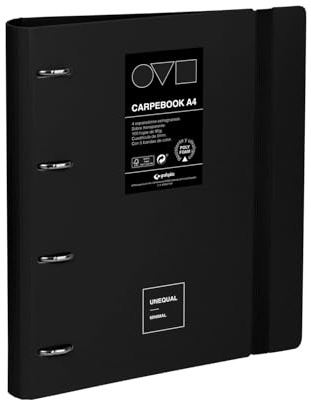 Grafoplas - Archivador 4 Anillas A5, Carpebook Polyfoam, Resistente y Ultraligero, Unequal Minimal Negro, Incluye Recambio, Argollas Redondas 25mm, Perfecto para Organizar Materias Escolares