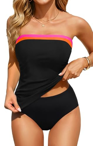 Aqua Eve Bandeau Swimsuits for Women Two Piece Bathing Suits Ruched Tummy Control Tankini Sets Strapless Swimwear Black and Pink Orange Patchwork Medium