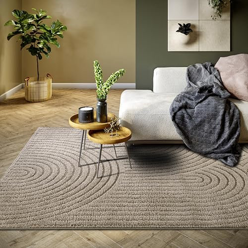 ELLE Decoration Panglao moderner Hochflor Teppich - Wohnzimmerteppich Flauschig – Hoch-Tief Effekt Skandi Boho Geometrisch Wellen, Bogen - für Wohnzimmer, Schlafzimmer, Küche - Taupe, 80x120cm