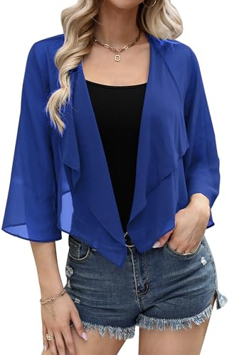 Aottori Coprispalle Donna Elegante Bolero Chiffon Maniche a 3/4 Cardigan Corto Leggero Shrug Cerimonia Blu Reale XL