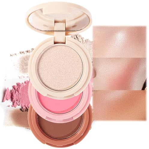 3 Color Face Blush Palette with Peach Blusher - Shimmering Powder Blush, Buildable Pressed Powder for Highlighter and Contour, Lightweight Natural Finish