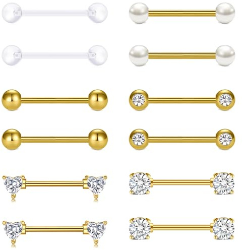 AVYRING 6 paia di piercing per capezzoli, 14 g, in acciaio inox, con cuore e pietre CZ, 16 mm, 16 Millimeter, Acciaio inossidabile