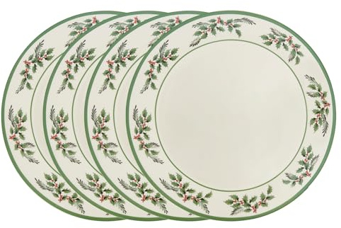 Spode Christmas Tree Holly Dinner Plates, Set of 4-10 Inch Stoneware with White Center & Holly Accents - Festive Holiday Tableware, Microwave, Dishwasher & Freezer Safe, Seasonal Dining Essentials