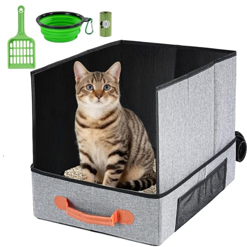 Uross Travel Litter Box for Cats with Baffle-Portable Collapsible Waterproof Litter Box for Cats in Car, Scratch-Proof Kitty Litter Travel Box with Lid, Easy to Carry -Grey