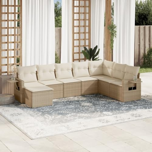 JHQHSM Set di 8 divani da giardino con cuscino, beige, polyrattan, design modulare con vano portaoggetti e sacchetto impermeabile, ripiani pieghevoli, rivestimenti rimovibili, resistenti alle