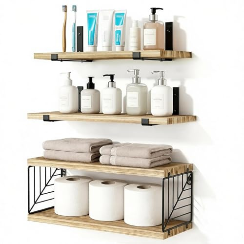 TempFoo Floating Shelves, Bathroom Shelves for Wall Shelf, Wooden Rustic | Shelfs for Walls Mounted, Wood Shelving Unit Display Book Picture Small Trinket, for Kitchen Bedroom Living Room Office Decor