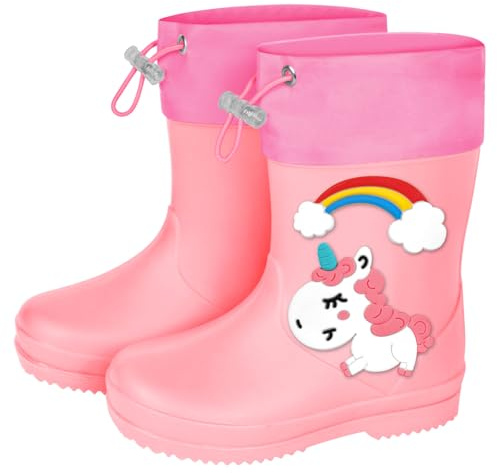 Aomig Bottes de Pluie pour Enfant Garçon et Fille, Botte Caoutchouc Léger Antidérapant avec Cordon de Serrage Pluie, Chaussures de Dessin Animé de Licorne Mignonnes Imperméables
