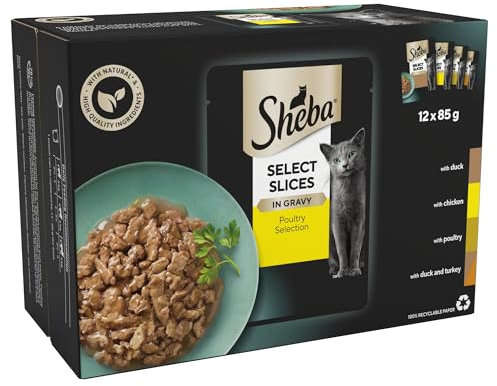 Sheba Select Slices in Gravy – Poultry Selection – Wet Cat Food Pouches for Adult Cats – Pack of 4 (4 x 12 Pouches x 85 g)