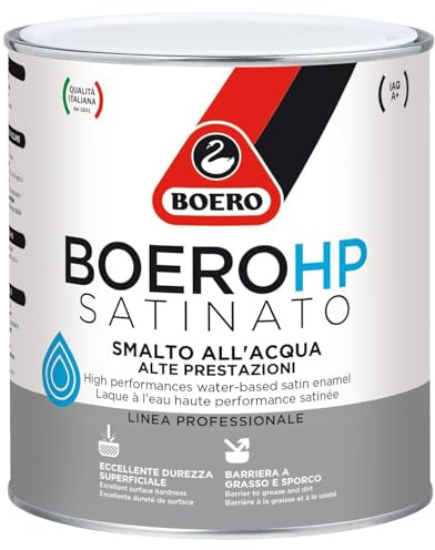 Boero HP satinato smalto all'acqua ad altissime prestazioni Barriera antisporco ed antigraffio. Ottimo per verniciare ferro, legno, plastica, PVC, lamiera zincata etc.