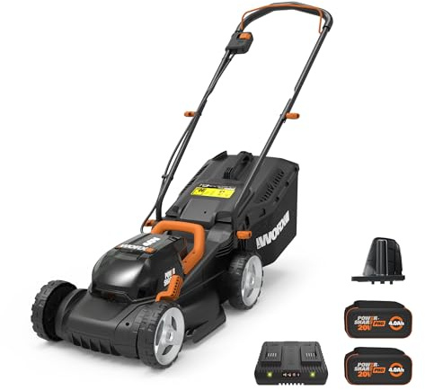 WORX 14 Cordless Lawn Mower, 2 in 1 Electric Mower Cuts Quietly, Compact & Lightweight Push Lawn Mower with 6-Position Height Adjustment for Small Yards, 2 Batteries & Charger Included, WG779
