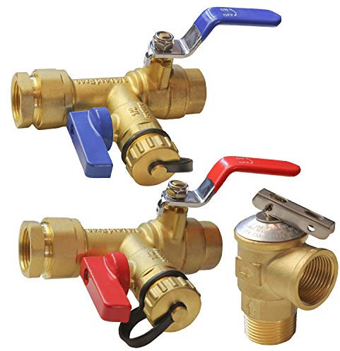Hourleey 3/4 Inch IPS Isolator Tankless Water Heater Service Valve Kit, with Pressure Relief Valve, Clean Brass