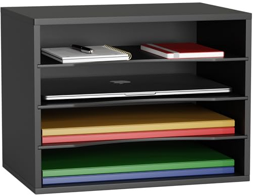 GDINDINFAN Wood Desktop Letter Tray File Organizer, Paper Storage Mail Sorter with 3 Adjustable Drawer Boards for Home and Office, Black