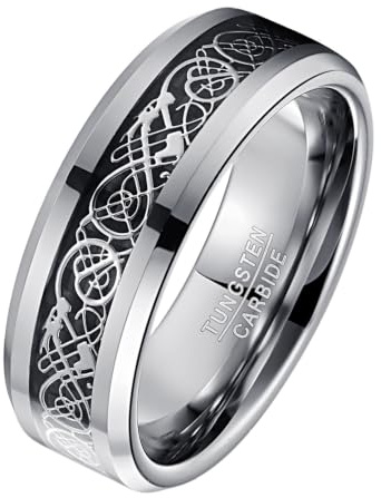 VAKKI 8mm Gold/Silver Celtic Dragon Tungsten Carbide Ring for Men Wedding Band with Blue/Black Carbon Fiber Inlay Size J 1/2-Z+3