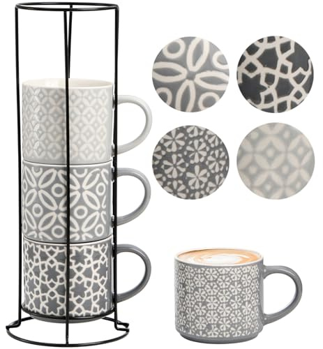 Hiceeden Set of 4 Coffee Mugs with Metal Stand, 15 oz Stackable Espresso Cups Ceramic Coffee Mugs for Cocoa, Latte, Americano, Cappuccinos or Beverages