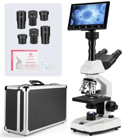[Constant Temperature] Vabiooth Lab Trinocular Compound Microscope 40X-2500X Magnification with 7 Monitor 5MP E-Eyepiece,Adjustable Thermostat Mechanical Stage for Husbandry,Pet Hospital,Farms