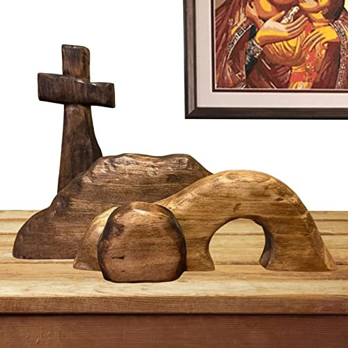 Scena della Resurrezione di Pasqua, Decorazione del Presepe di Gesù in Legno, Set di Statue della Tomba Vuota della Croce, Regalo della Scena della Resurrezione di Pasqua per Casa, Ufficio, Desktop