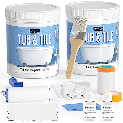 DWIL Tub Paint, Tub and Tile Refinishing Kit with Tools, Tile Refinishing Kit White Bathtub Paint Water Based &Low Odor, Easy to Use Sink for Bathroom Kitchen, Semi-Gloss White, 50-55sq.ft-2 Pack