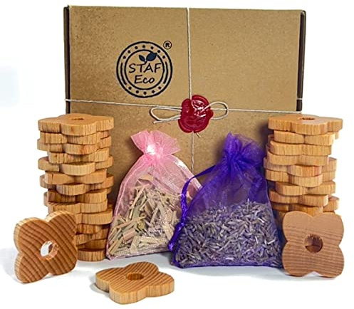 STAFECO Naturlig malavvisande för garderober, lådor, mördare, träringar med olja (lavendel, cederträ, patchouli), 38 st anti-malprodukter, garderob för kläder (stor blomma 1)