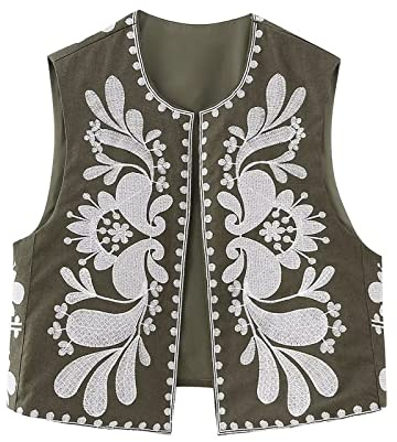 PDYLZWZY Chaleco de mujer Y2K bordado de lino recortado sin mangas abierto en la parte delantera estampado de flores vintage suéter de punto para exterior Gilet, verde militar, L