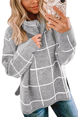 ASOMI Strickpullover Damen Gestreift Kariert: Elegant Rollkragen Pullover Winterpullover Warm Herbst Strickpulli Lässig Rundhals Farbblock Pulli Langarm Mode Übergangspullover 14Grau S
