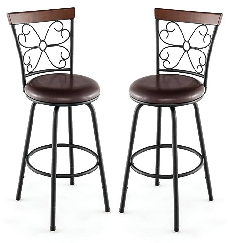 GiantexUK Bar Stools Set of 2/4, PU Leather Height Adjustable Swivel Barstools with Backrest & Footrest, Upholstered Metal Frame Breakfast Bar Chairs for Kitchen Dining Living Room (2, Black+Brown)