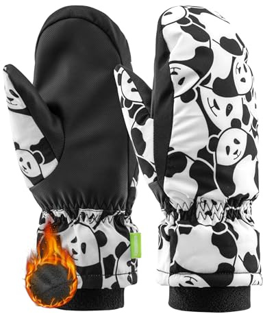 Qunature Guanti da Sci, Design a Panda, Guanti Da Neve Antivento Caldi, Guanti a Dita Piene, Resistenza all'Acqua, Adatto per Sci, Snowboard, Pattinaggio, Escursionismo, per Bambini e Adulti
