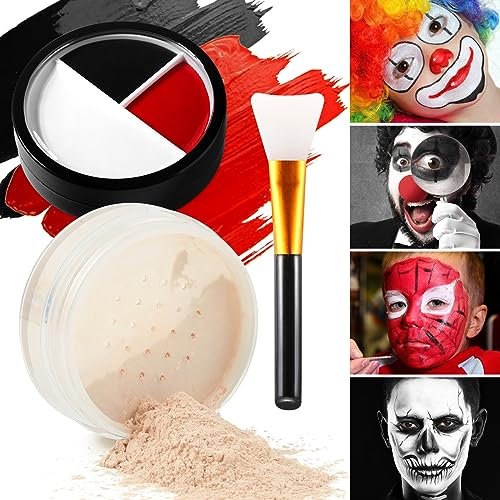 Afflano Halloween Clown Makeup Kit, Noir Rouge Blanc Visage Peinture Corporelle +Poudre de Maquillage +Pinceau de Maquillage pour Les Adultes, Maquillage d'Halloween Joker Effets Spéciaux SFX Cosplay