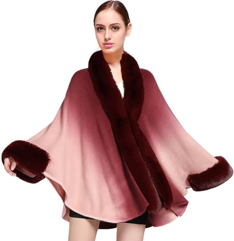 Shmily Girl Poncho Cape Tricoté De Femme Tricot Manteau Cardigan Avec Col En Fausse Fourrure Châle Étole Pour L'automne Hiver Chaud Tricoté Ponchos Châles (Rouge)