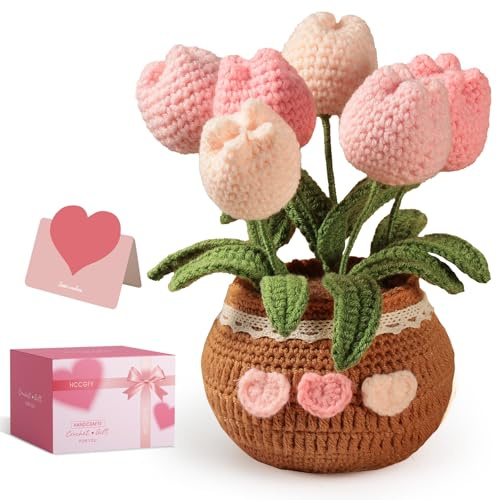 Hccgfy Crochet Flowers Bouquet, Handmade Knitted Tulip Pot with Gift Box and Card, Never Wilt Fake Plant Table Top Decor, Mothers Day Birthday Anniversary Thank You Gifts for Women Friends(Pink)