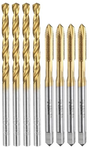 QUARKZMAN Set di 4 maschi e trapani, M4 x 0,7, perni a spirale metrici e punte elicoidali da 3,3 mm, con rivestimento in titanio, HSS-6542